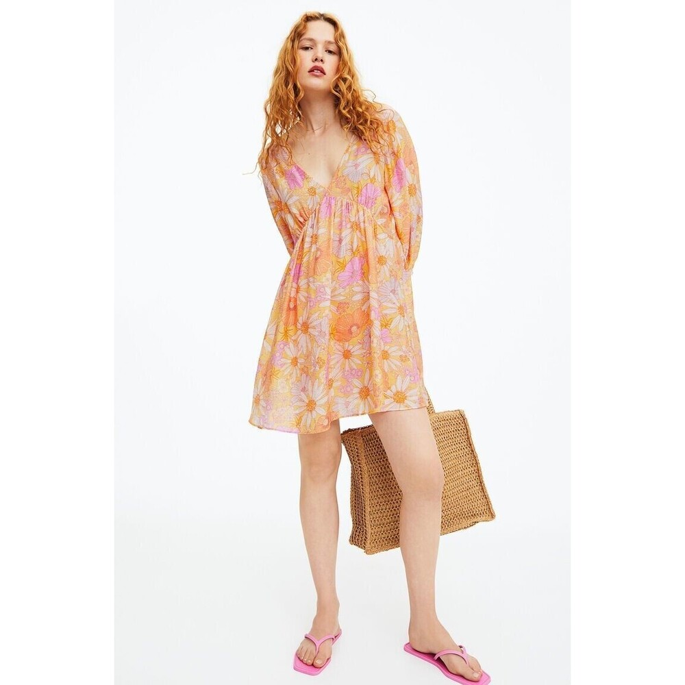 H&M Orange Floral V-Neck Mini Boho Retro Dress Women Size L